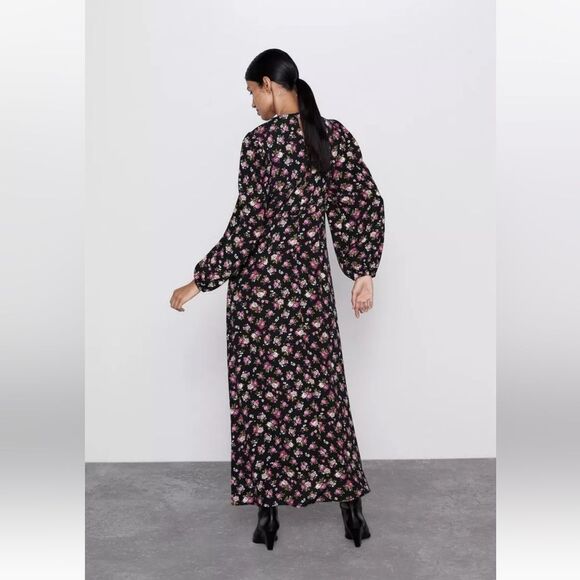 NWT. Zara Black Floral Print Midi Dress. Size S‎ - Picture 2 of 7